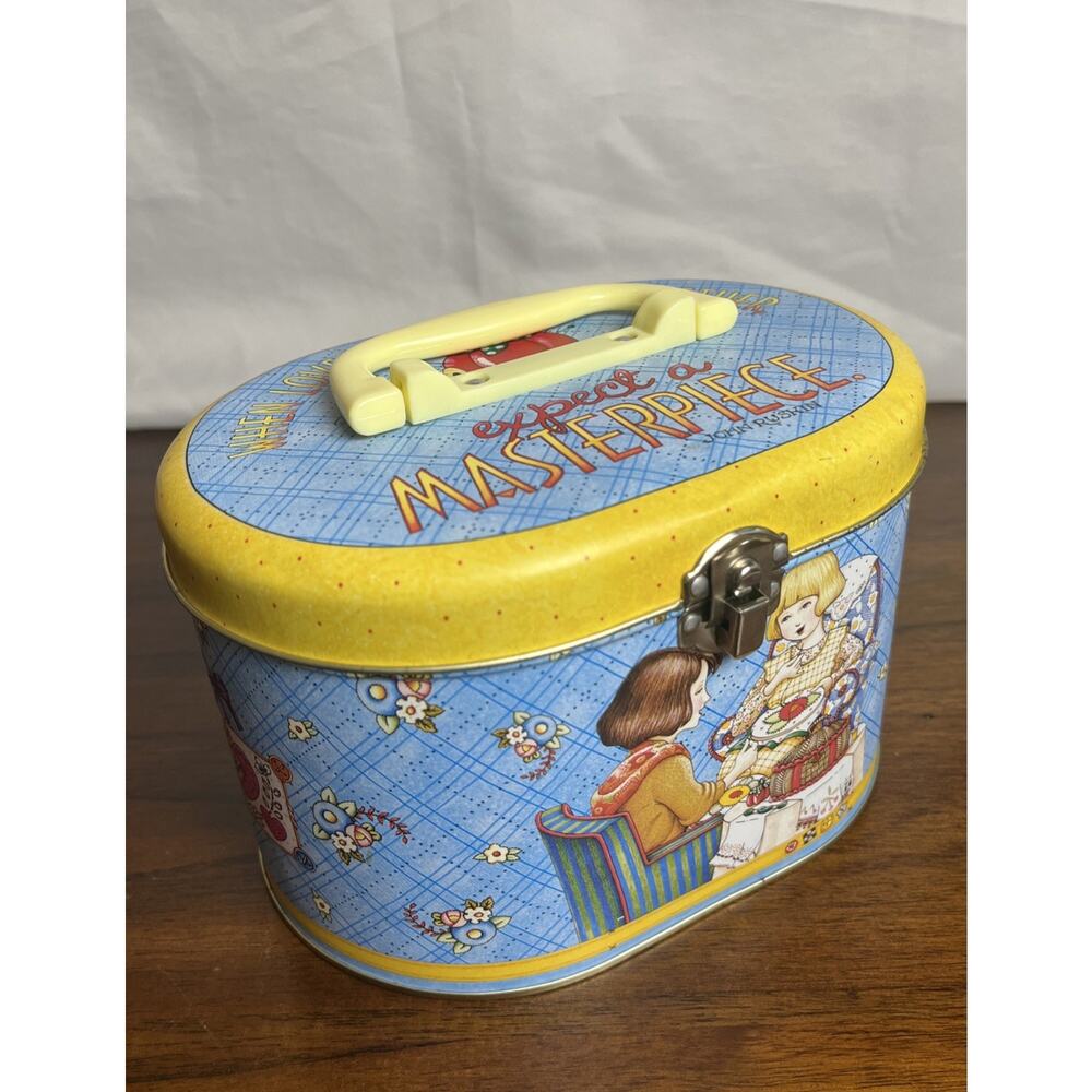Vintage Mary Engelbreit Sewing Tin Container Lid & Handle "Expect A Masterpiece"